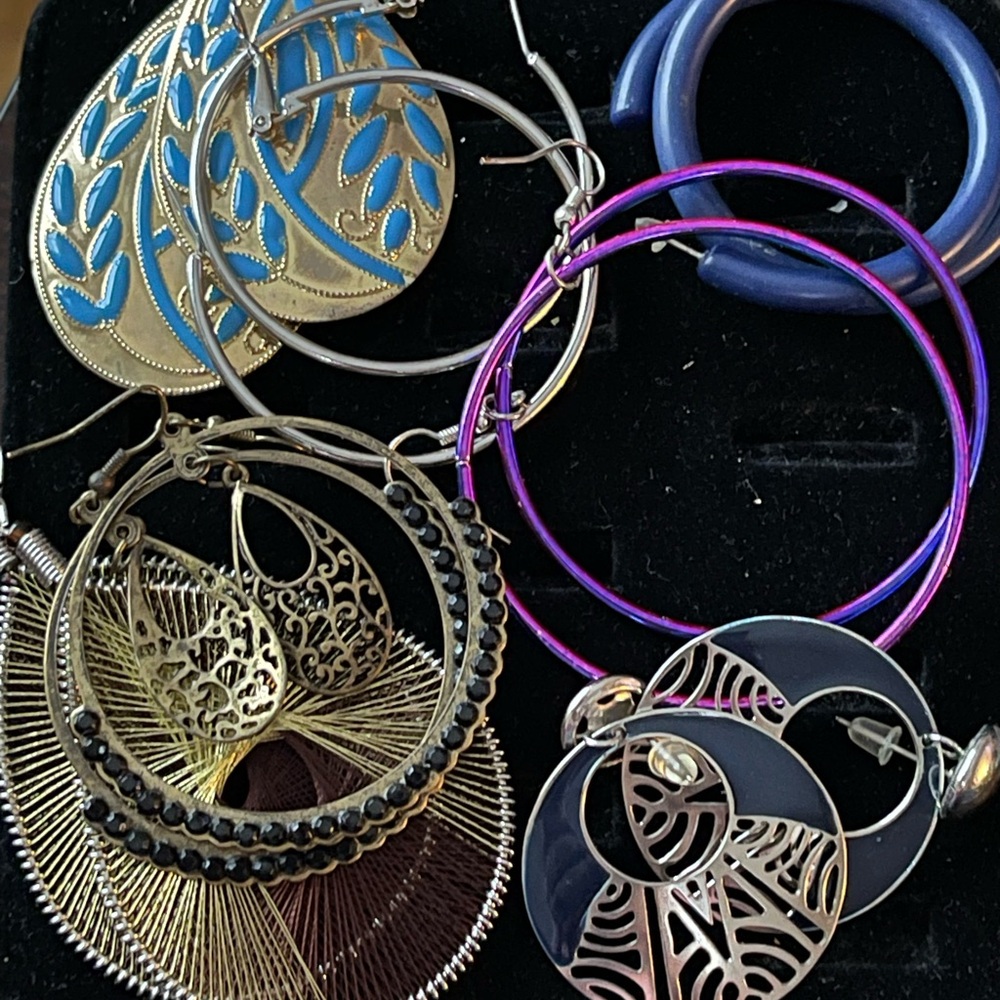 7pr Women's large Hoop & Dangle Earrings - Blue, Purple, Gold, Black